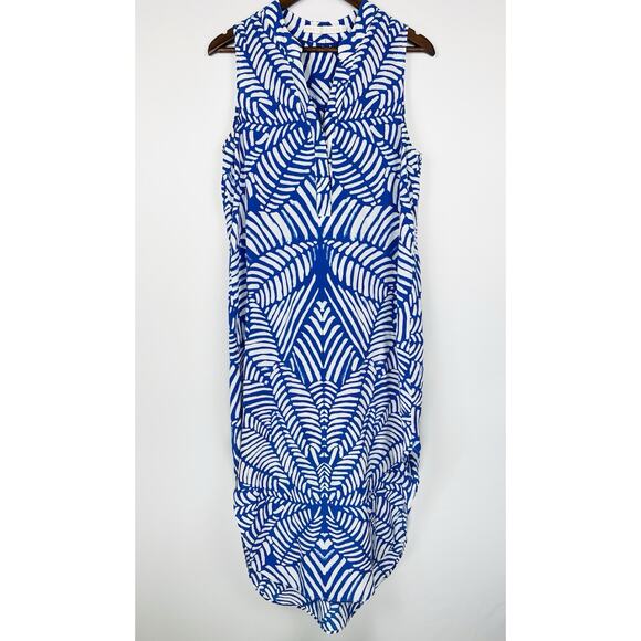 Marie Oliver Blue & White M Silk Sleeveless Midi Dress Palm Leaf Print - Picture 4 of 7